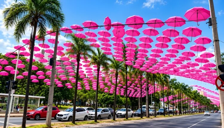 Mais de 1,5 mil guarda - chuvas rosas transformam trecho da Praça Tamandaré em Goiânia.